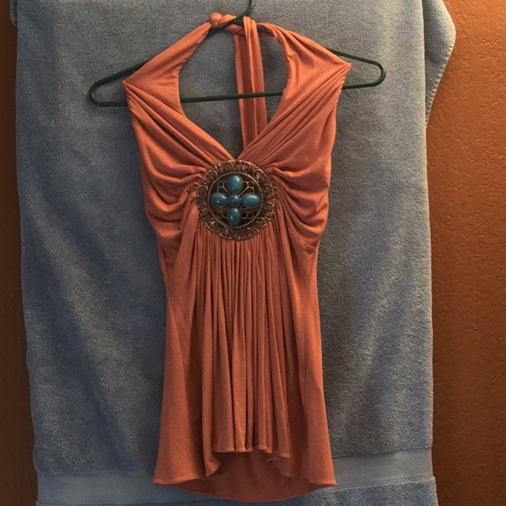 Halter top in coral with turquoise accent